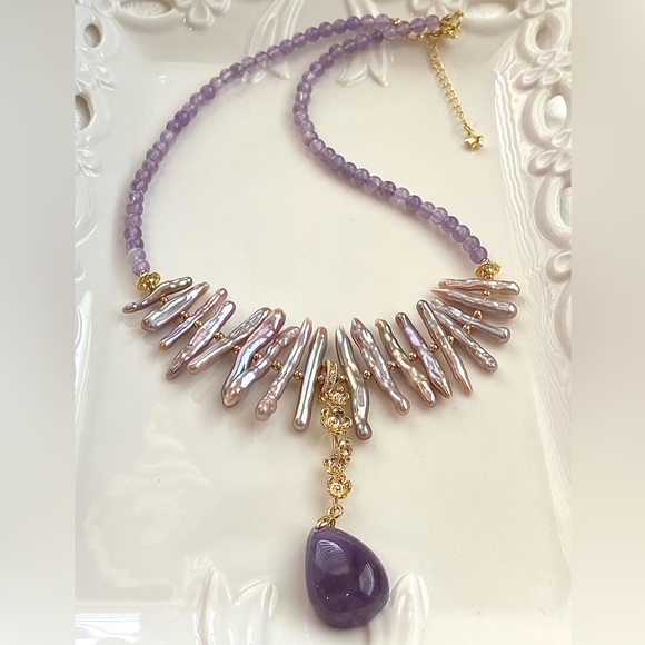 GP35-Handmade Purple Chopstick Pearl And Amethyst Necklace - Picture 6 of 13